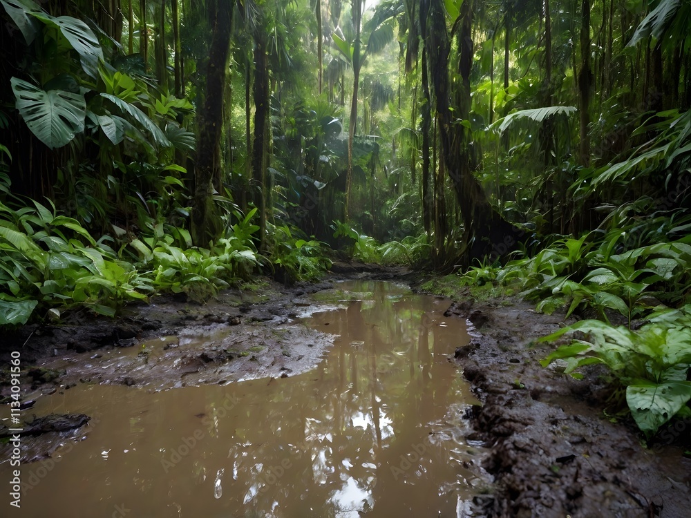 Lush Rainforest Path Puddle Reflection Tropical Jungle Lush Rainforest Path Puddle Reflection Tropical Jungle