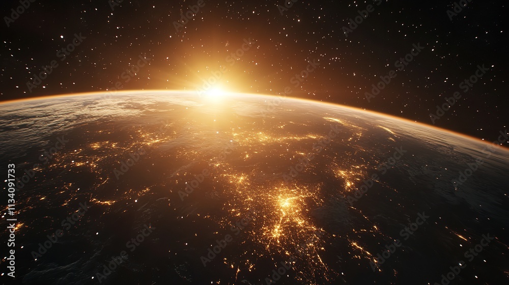 A realistic portrayal of Earth from space, illuminated by city lights and natural phenomena. The dark side of the planet contrasts with the bright patches of light, showcasing human habitation and the A realistic portrayal of Earth from space, illuminated by city lights and natural phenomena. The dark side of the planet contrasts with the bright patches of light, showcasing human habitation and the