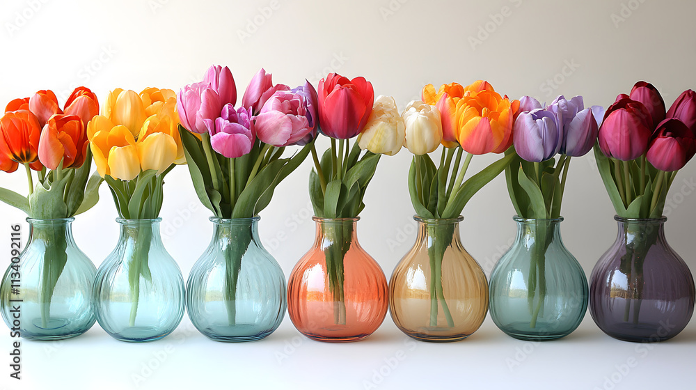 A row of transparent vases with tulips arranged in different colors and shapes, placed on a wooden surface.
A row of transparent vases with tulips arranged in different colors and shapes, placed on a wooden surface.