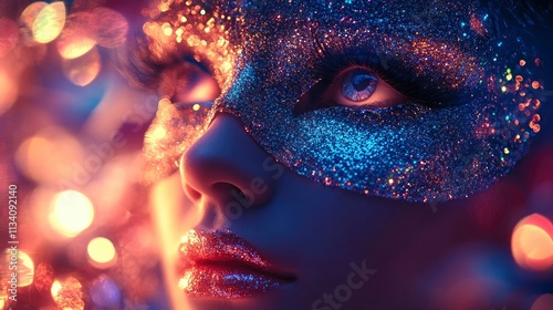 A close-up of a masked figure with sparkling makeup, evoking mystery and allure. photo