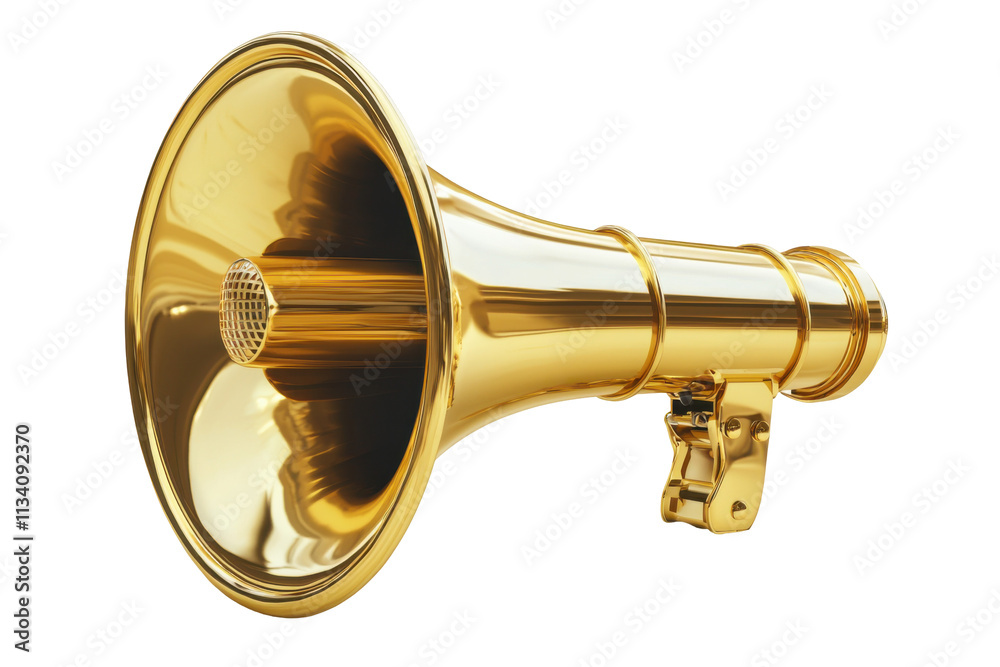 Obraz premium Golden Megaphone Announces Loudly Isolated on PNG Transparent Background