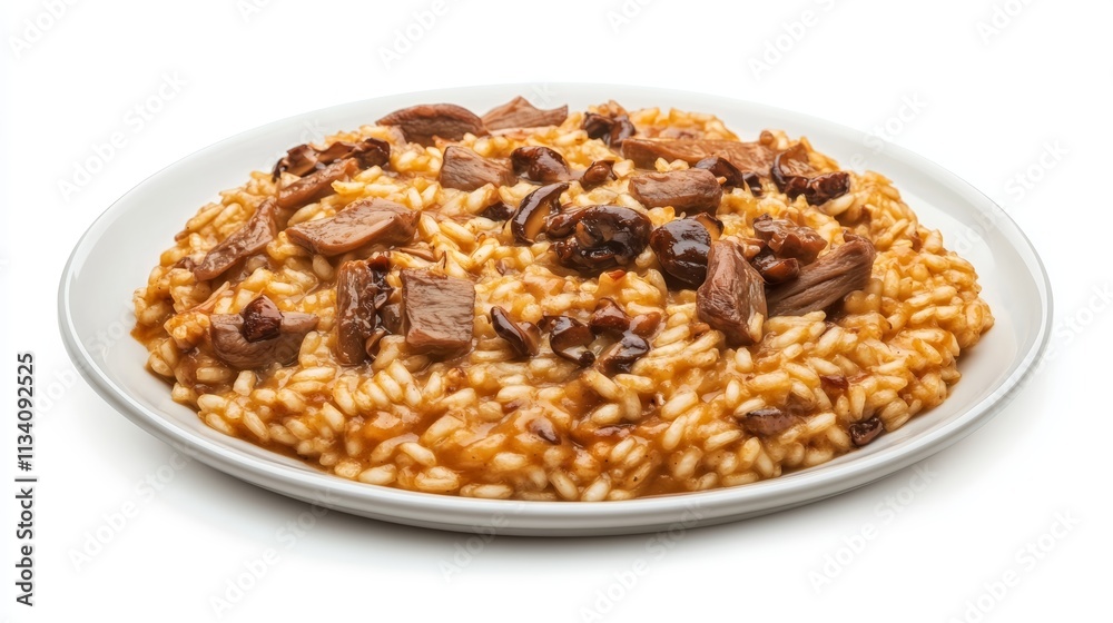 Plate of risotto with porcini mushrooms isolated on white background with clipping path Plate of risotto with porcini mushrooms isolated on white background with clipping path