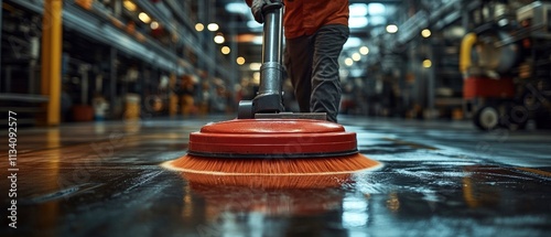 A worker uses a floor scrubber in an industrial setting to clean a shiny surface.