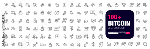 100+ cryptocurrency related vector icons. Bitcoin mining, wallets, payments, p2p transactions and other. Pixel perfect, editable stroke