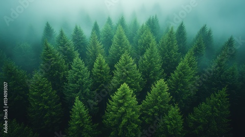 Misty Evergreen Forest: An Aerial View of Serene Nature