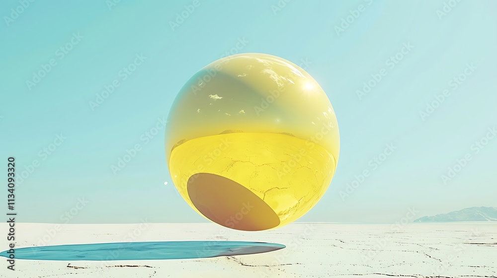A large yellow sphere reflecting its surroundings, suspended in the air above a pale blue background A large yellow sphere reflecting its surroundings, suspended in the air above a pale blue background