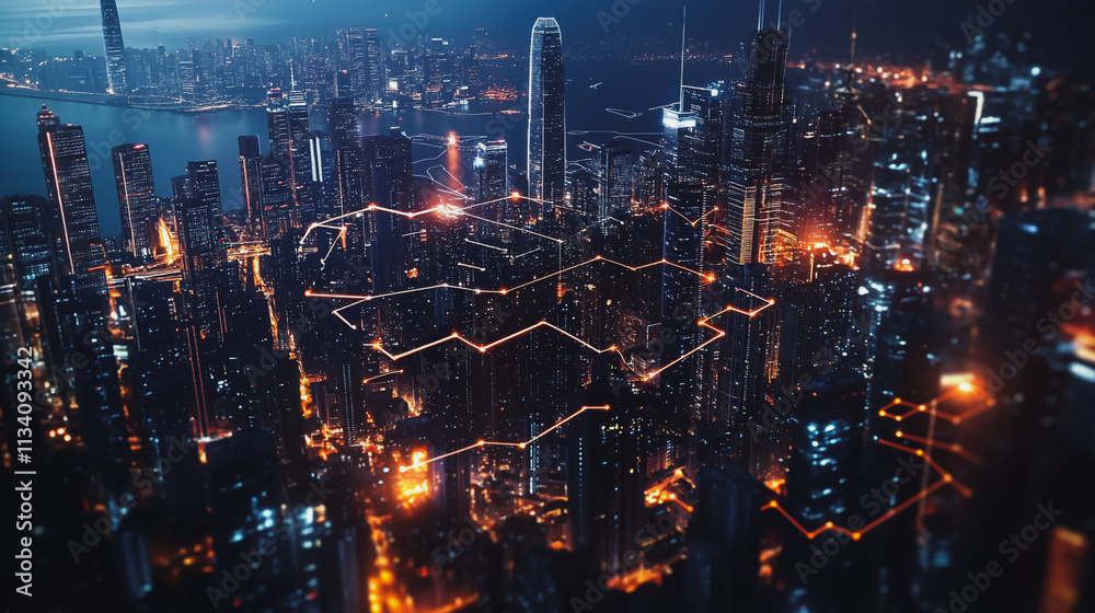 Fototapeta premium Smart digital Innovation city with connection network reciprocity over the cityscape. of future smart wireless digital city and social media networking systems that connects people with in city