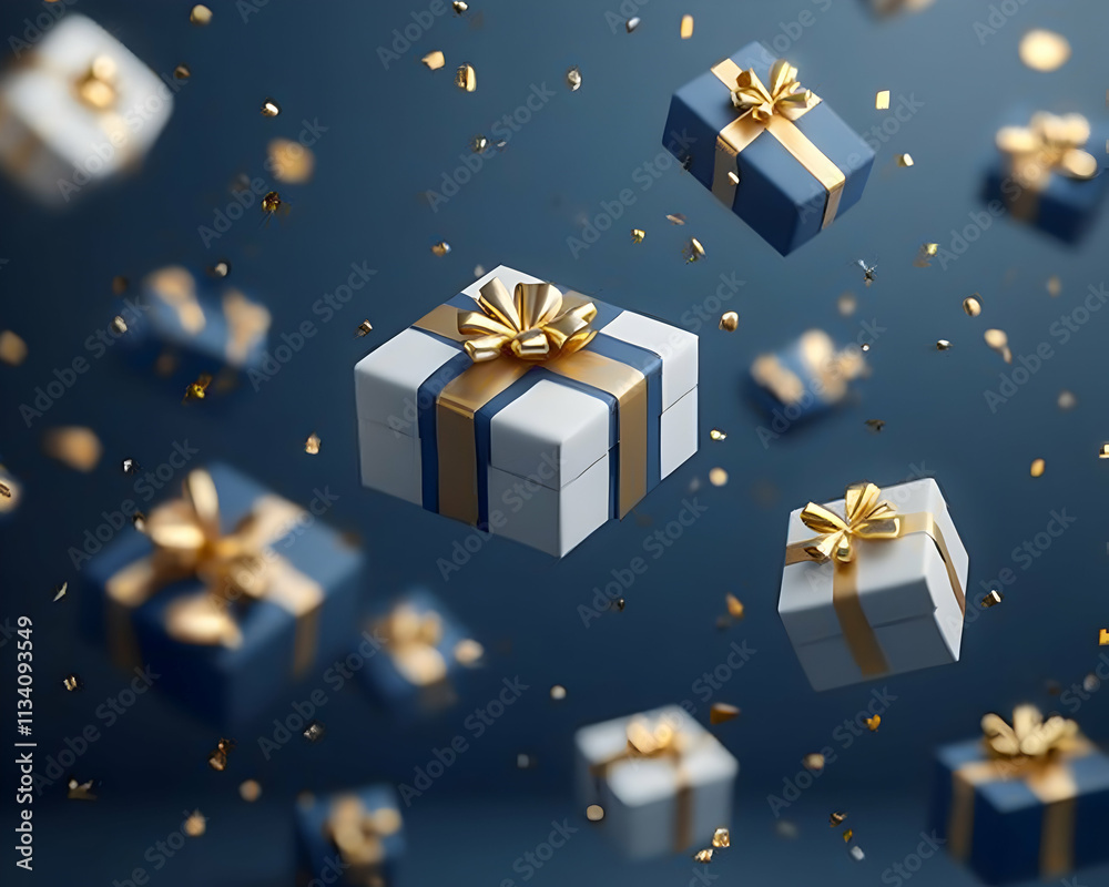 Floating gifts with gold bows and confetti on a dark blue background. Floating gifts with gold bows and confetti on a dark blue background.
