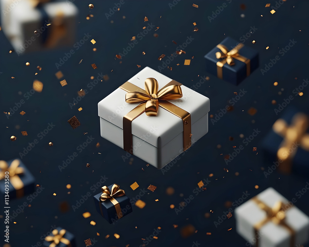 Floating gifts with gold bows and confetti on dark background. (1) Floating gifts with gold bows and confetti on dark background. (1)