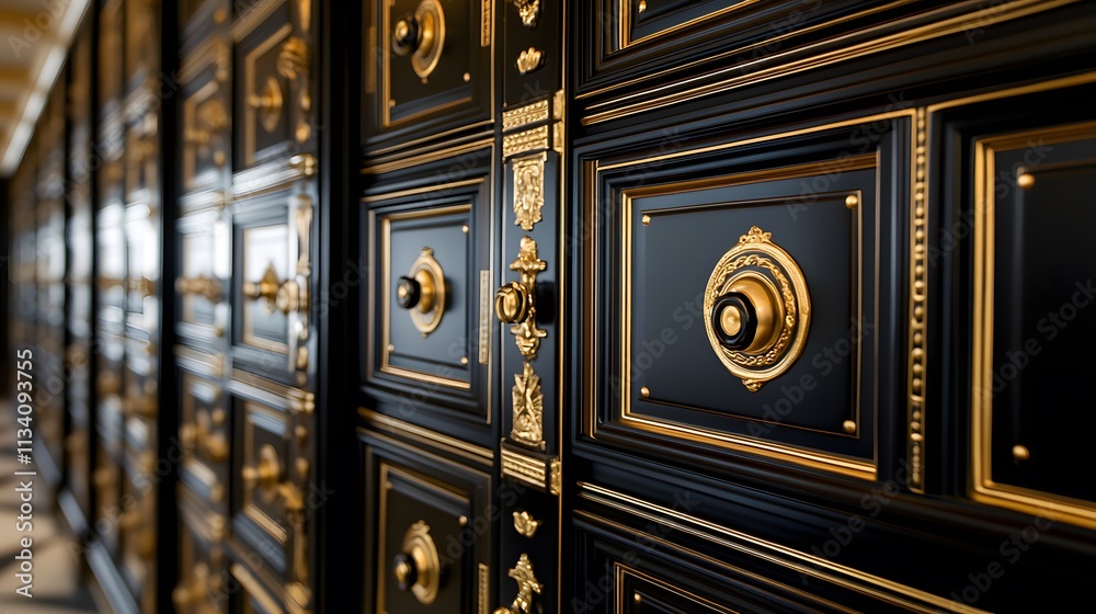 Elegant black and gold security deposit boxes in a row. Elegant black and gold security deposit boxes in a row.