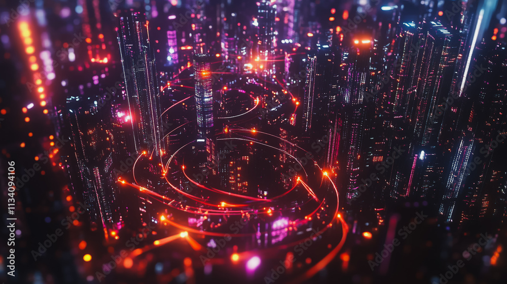 Obraz premium Smart digital Innovation city with connection network reciprocity over the cityscape. of future smart wireless digital city and social media networking systems that connects people with in city