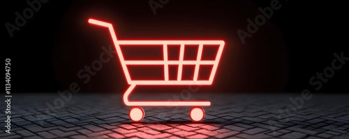 Neon Shopping Cart Icon on Dark Background photo