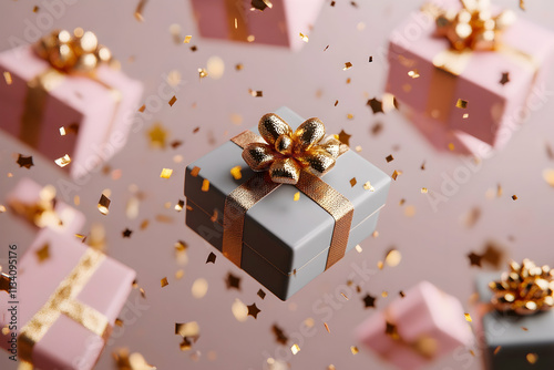 Floating gray and pink gifts with gold ribbons and confetti.