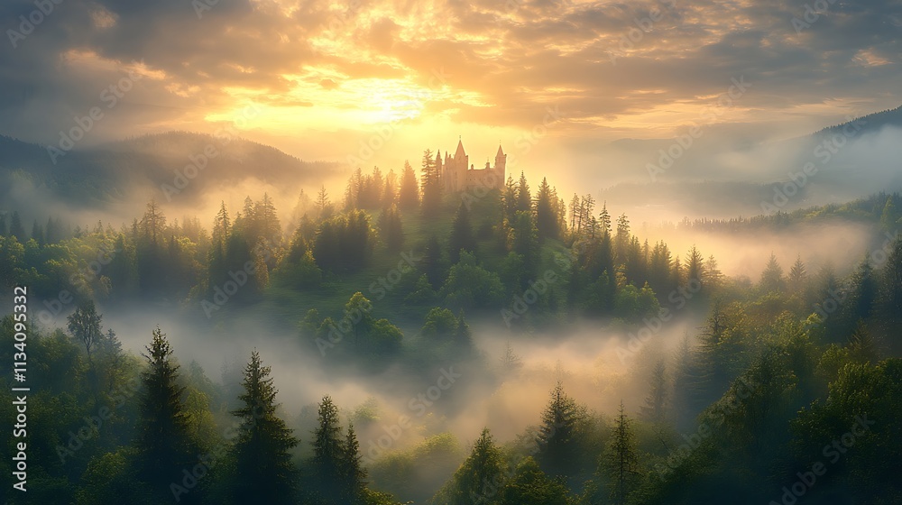 Sunrise over ancient castle misty forest landscape photography nature Sunrise over ancient castle misty forest landscape photography nature