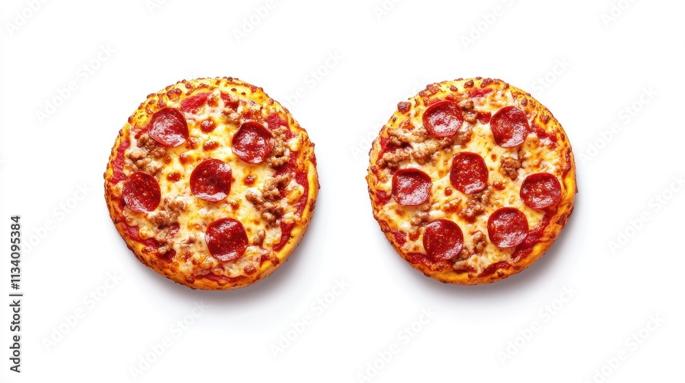 Two pepperoni pizzas on a white background, showcasing a classic food choice. Two pepperoni pizzas on a white background, showcasing a classic food choice.