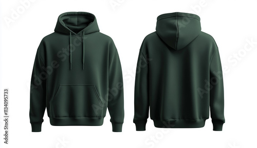 Dark green hoodie front and back view mockup isolated on a white background