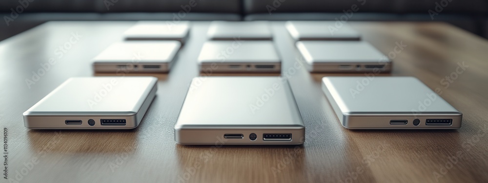Showcasing innovative gadgets on a wooden table in a modern office environment focused perspective for tech enthusiasts Showcasing innovative gadgets on a wooden table in a modern office environment focused perspective for tech enthusiasts