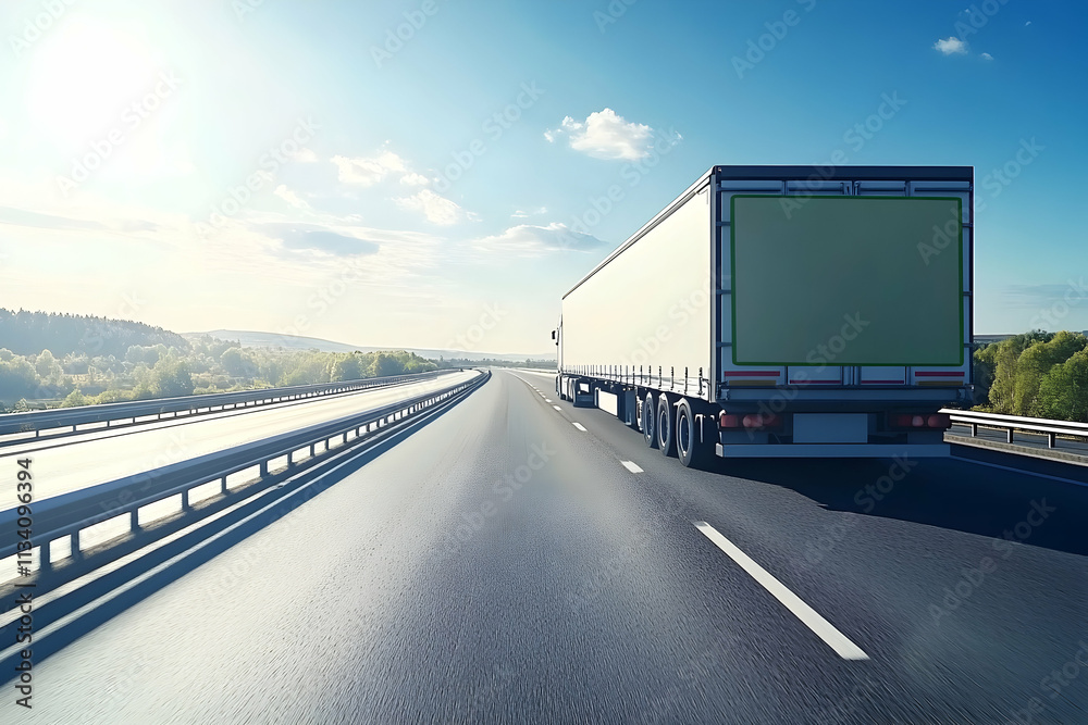 Large Semi Truck Driving on a Scenic Highway Under Bright Sunshine Large Semi Truck Driving on a Scenic Highway Under Bright Sunshine