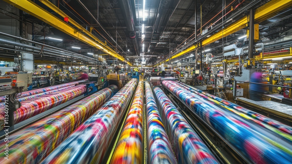 Colorful fabric printing machines in a large industrial facility. Colorful fabric printing machines in a large industrial facility.
