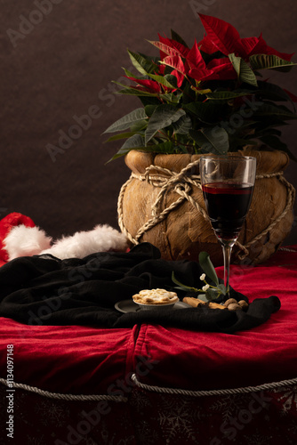 Christmas still life with mulled wine and Poinsettia and space for copy 