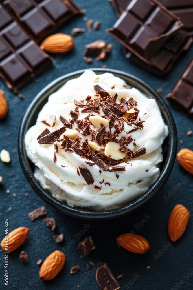 A bowl of whipped cream topped with chocolate shavings and surrounded by almonds and chocolate. A bowl of whipped cream topped with chocolate shavings and surrounded by almonds and chocolate.