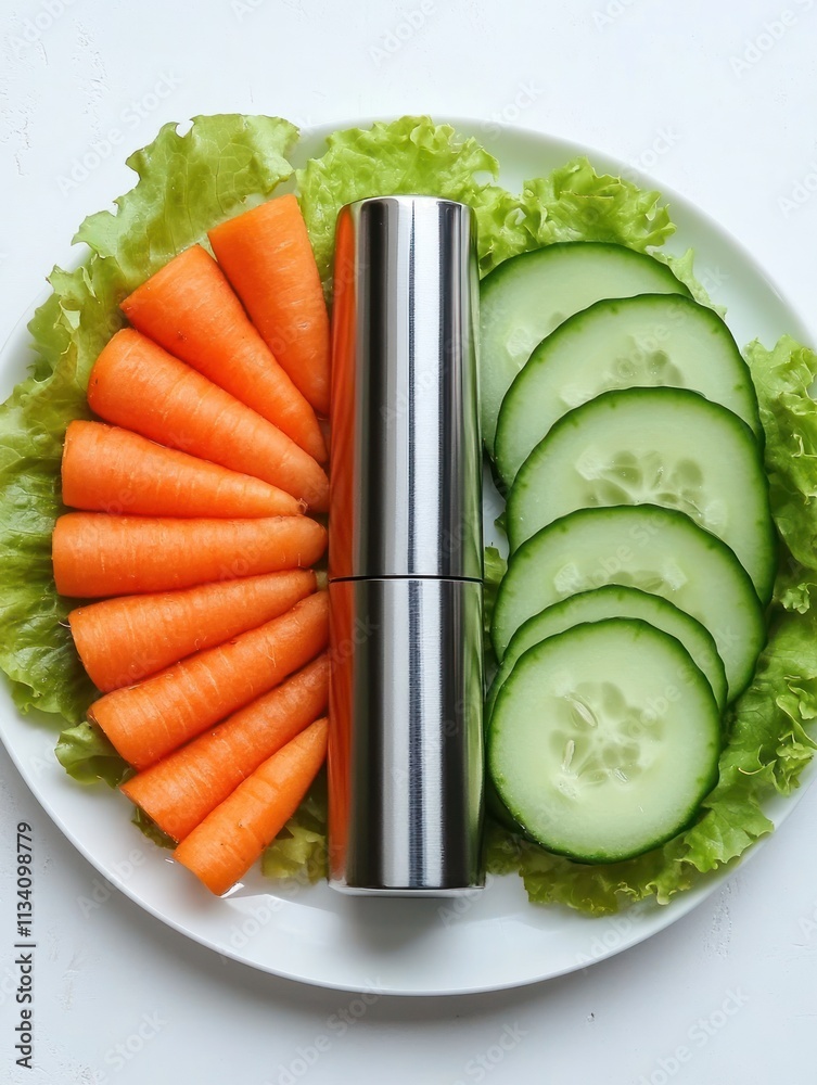 A plate of fresh vegetables arranged with a stainless steel container in the center. A plate of fresh vegetables arranged with a stainless steel container in the center.