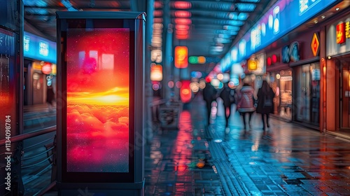 Futuristic urban corridor with illuminated digital advertisements and vibrant neon lighting at night. 