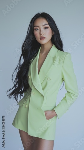 A woman in a green jacket and green skirt