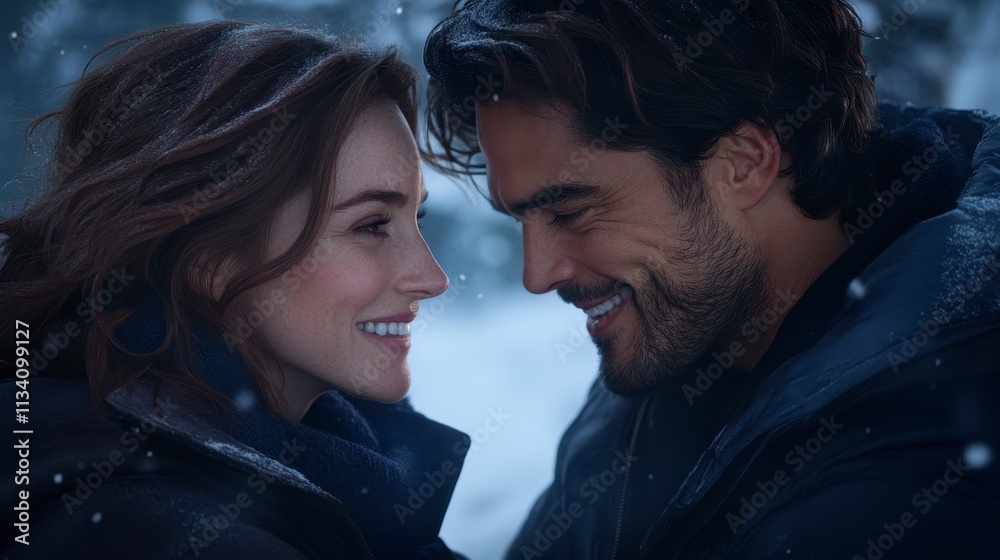 A joyful couple sharing an intimate moment in a snowy landscape. A joyful couple sharing an intimate moment in a snowy landscape.