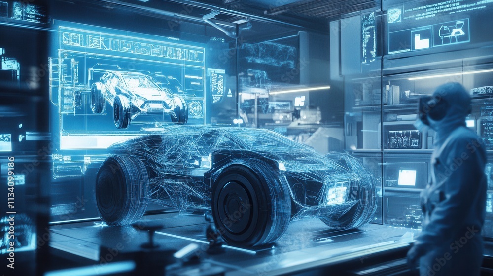 Futuristic Concept of a High-Tech Self-Driving Car with Digital Interface in a Modern Research Laboratory Setting Futuristic Concept of a High-Tech Self-Driving Car with Digital Interface in a Modern Research Laboratory Setting