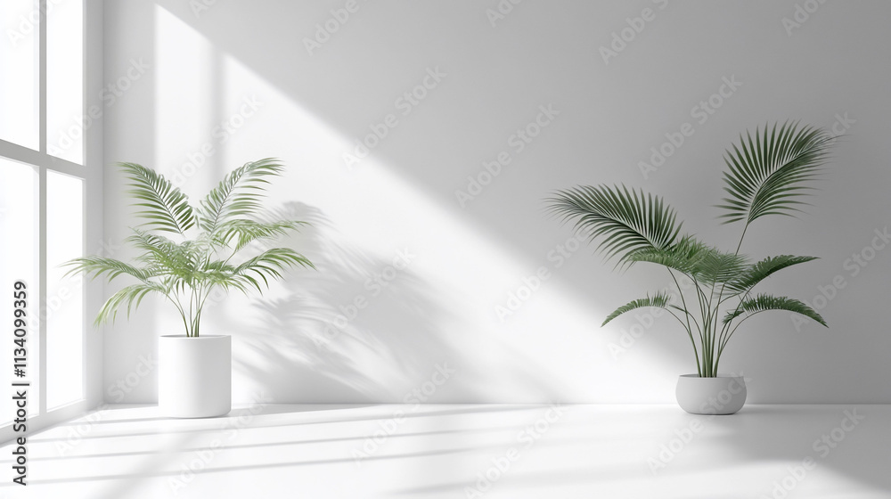 Minimalist room with potted plants and soft shadows. Minimalist room with potted plants and soft shadows.