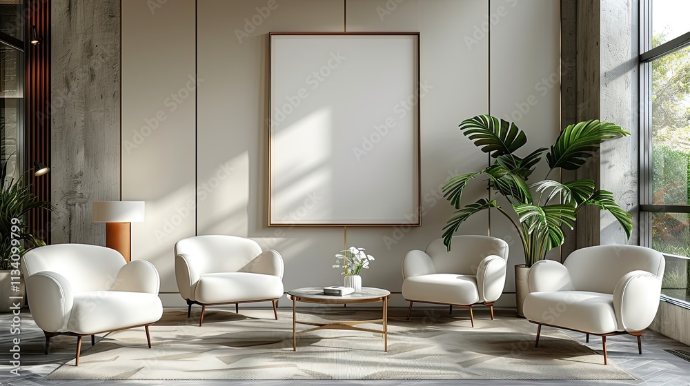 Fototapeta premium Modern spacious living room with cream furniture, plants, and large framed artwork.