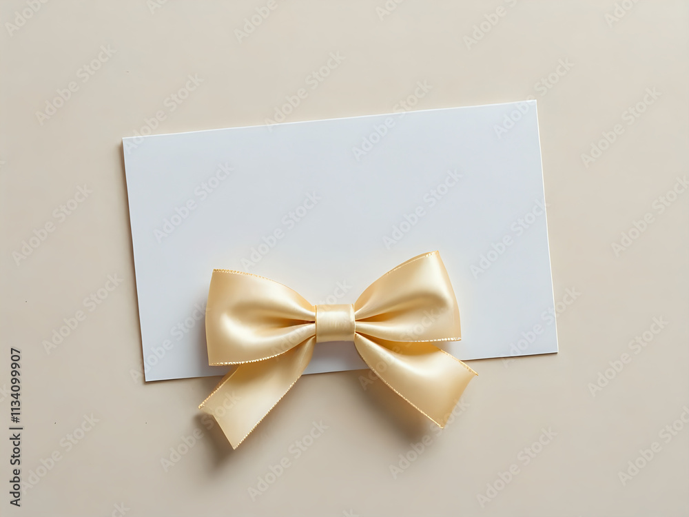 Top view of white blank gift greeting card with creamy ribbon bow on white desk. 300dpi, Empty space for text and design. Top view of white blank gift greeting card with creamy ribbon bow on white desk. 300dpi, Empty space for text and design.