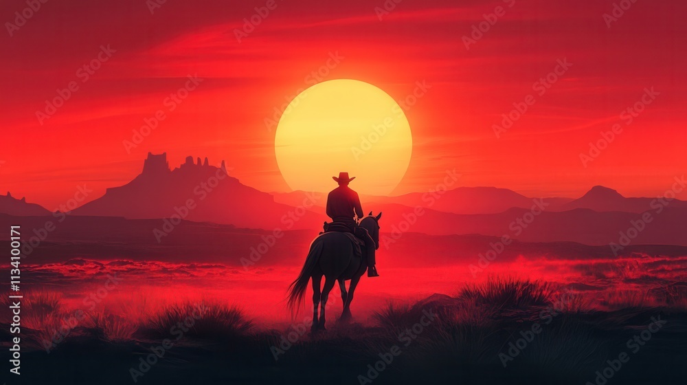Cowboy riding into sunset desert landscape scenic photography dramatic environment wide-angle view western concept Cowboy riding into sunset desert landscape scenic photography dramatic environment wide-angle view western concept