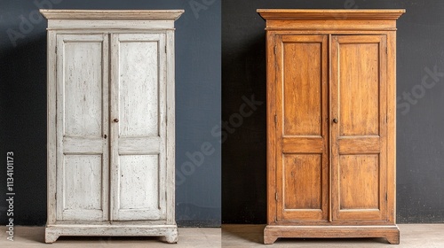 A vintage-style wardrobe is shown in two finishes  a weathered white and a warm brown  set against a dark backdrop.