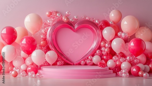 Valentine's Day podium with heart-shaped arch and balloons on pink background 