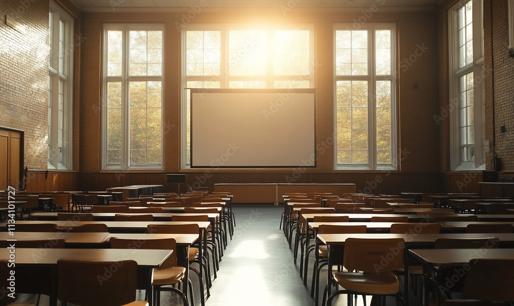 A sunlit classroom with rows of desks and a projection screen. A sunlit classroom with rows of desks and a projection screen.