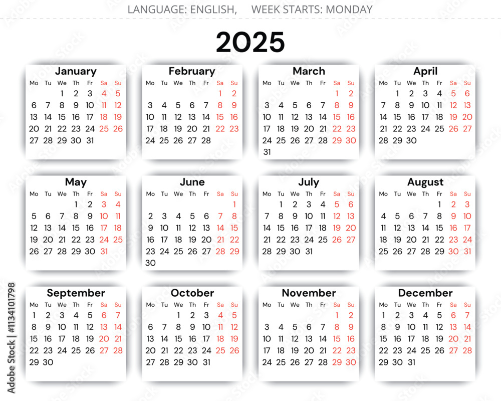 2025 year english calendar with 12 months. Vector illustration. Week starts monday 2025 year english calendar with 12 months. Vector illustration. Week starts monday