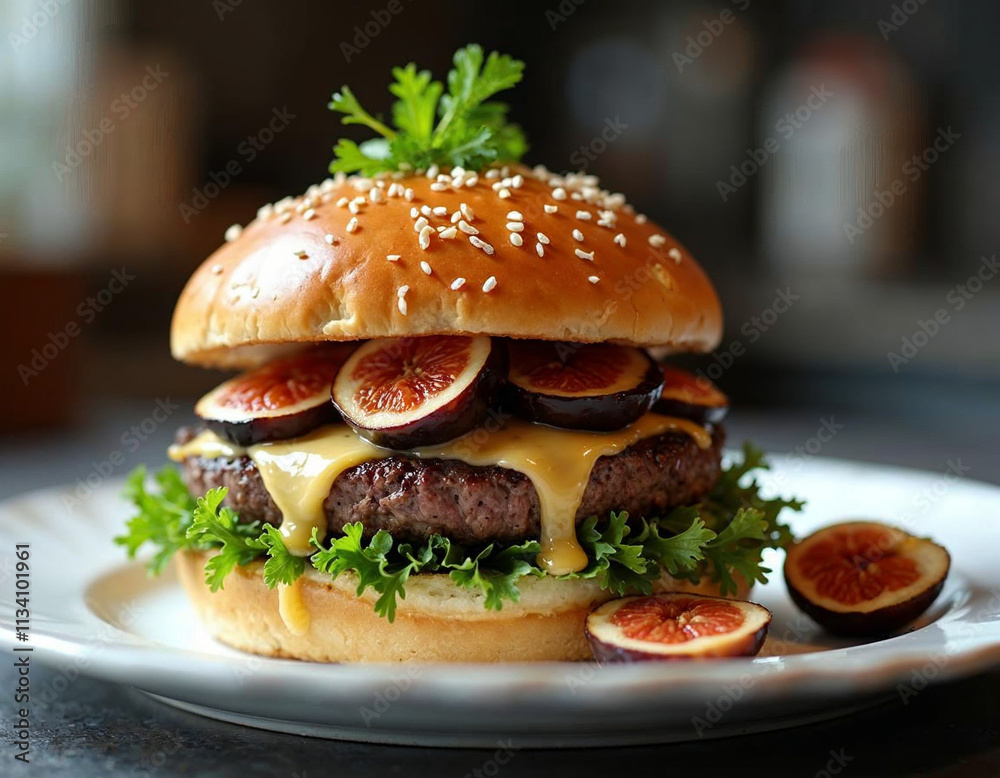 Close-Up of a Juicy Burger with Fresh Ingredients and Golden Fries on a Rustic Table