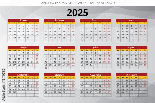 Spanish 2025 year calendar. vector illustration in Spain flag colors