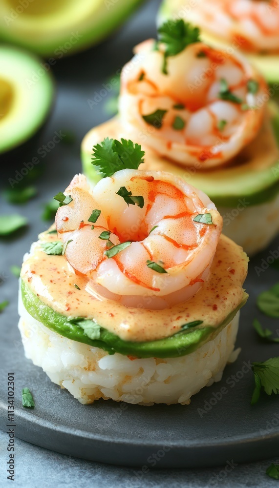 A plate of sushi topped with shrimp, avocado, and a creamy sauce, garnished with cilantro. A plate of sushi topped with shrimp, avocado, and a creamy sauce, garnished with cilantro.