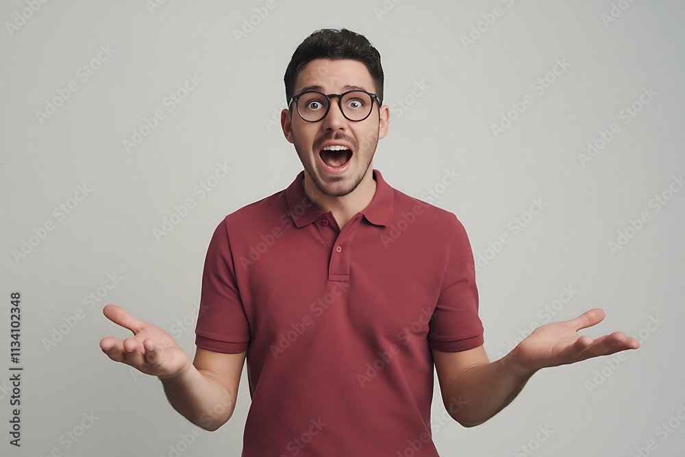 Man in Vibrant Maroon-Red Polo Shirt with Glasses, Expressing Astonishment with Open-Mouthed Expression and Outstretched Hands, Gesturing as if Showing Something Impressive Against Plain Light Gray Ba
