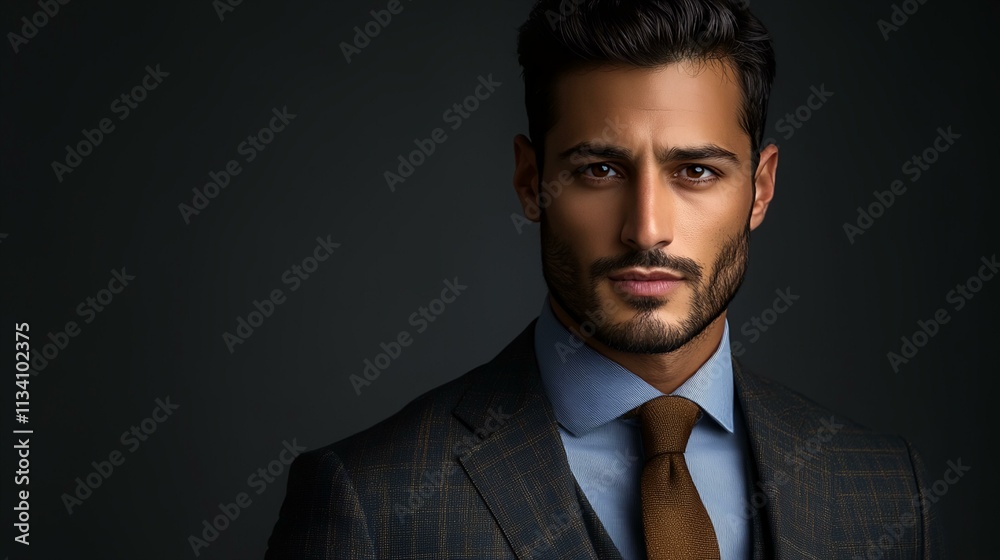 A man in a suit and tie is standing in front of a dark background A man in a suit and tie is standing in front of a dark background