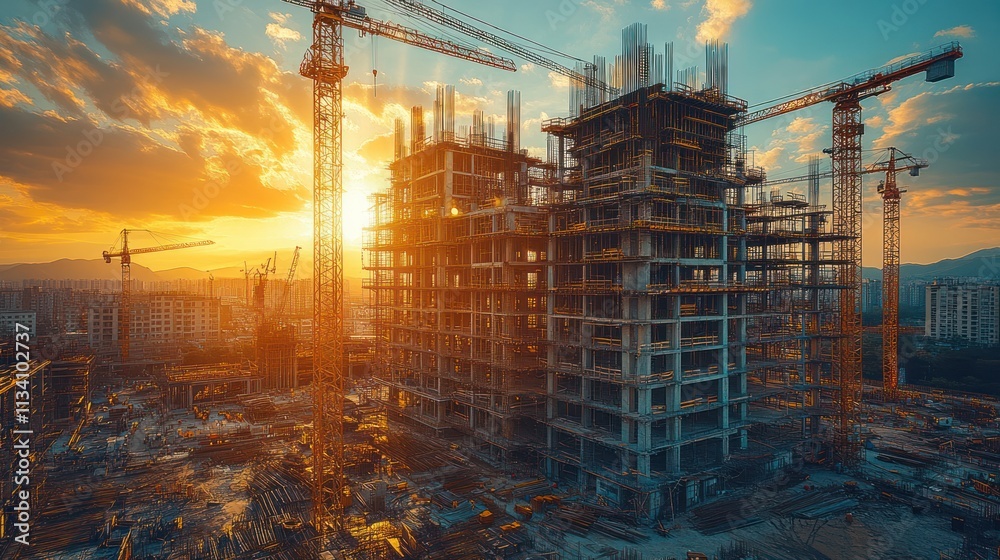 Sunset Construction Site: A Golden Hour Aerial View of a Modern Skyscraper Under Construction Sunset Construction Site: A Golden Hour Aerial View of a Modern Skyscraper Under Construction