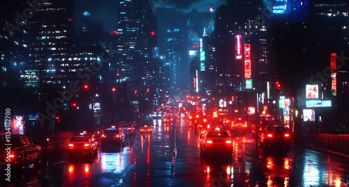 A busy city street with cars and a lot of lights. The lights are red and the cars are driving in the rain