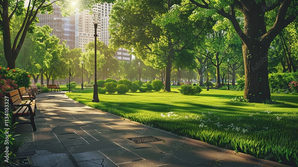 Obraz premium Beautiful green urban park with a walking path, trees, and bright sunlight filtering through leaves.