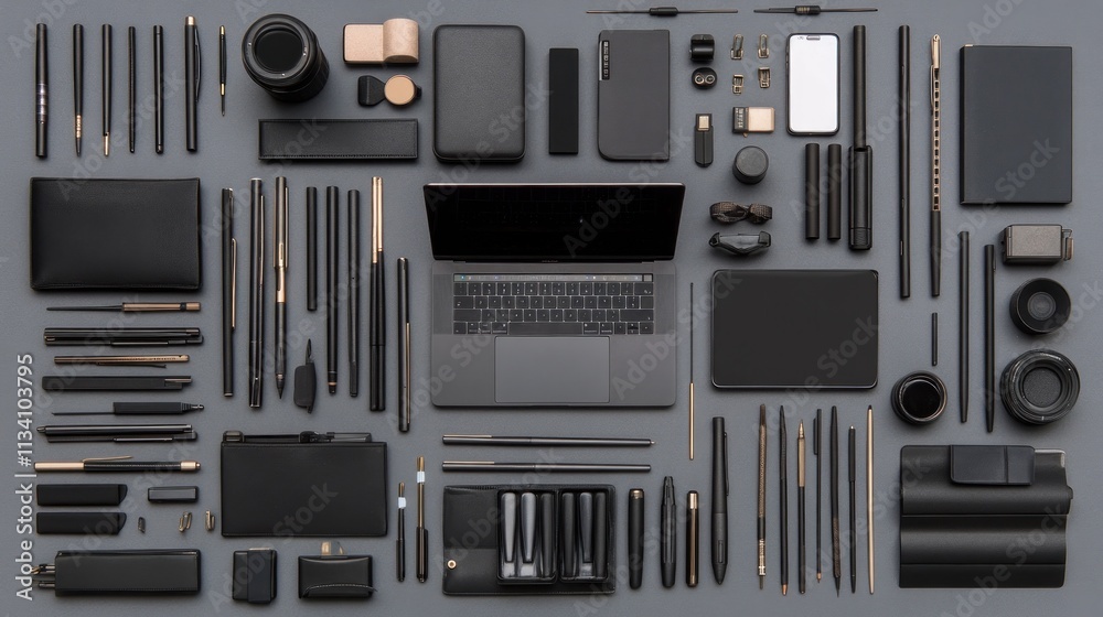 Flat lay of various black and gray office supplies and technology items.  Organized grid pattern on a gray background.  Laptop, pens, notebooks, phone, and other accessories.  Minimalist design..