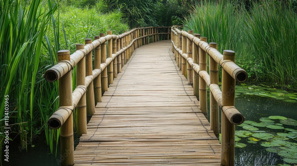 Obraz premium A bamboo pedestrian walkway over a wetland, with sturdy rails and an organic design complementing the natural environment