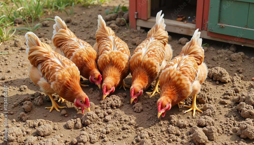 Fototapeta premium Colorful chickens foraging in the dirt near a small coop on a sunny day
