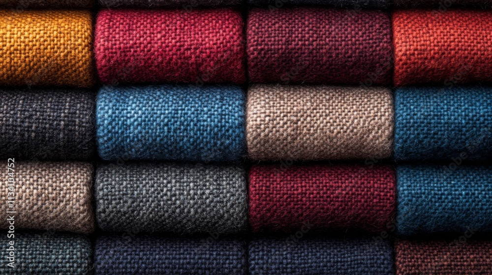 Stacked Rolls of Textured Fabric in Various Colors Stacked Rolls of Textured Fabric in Various Colors